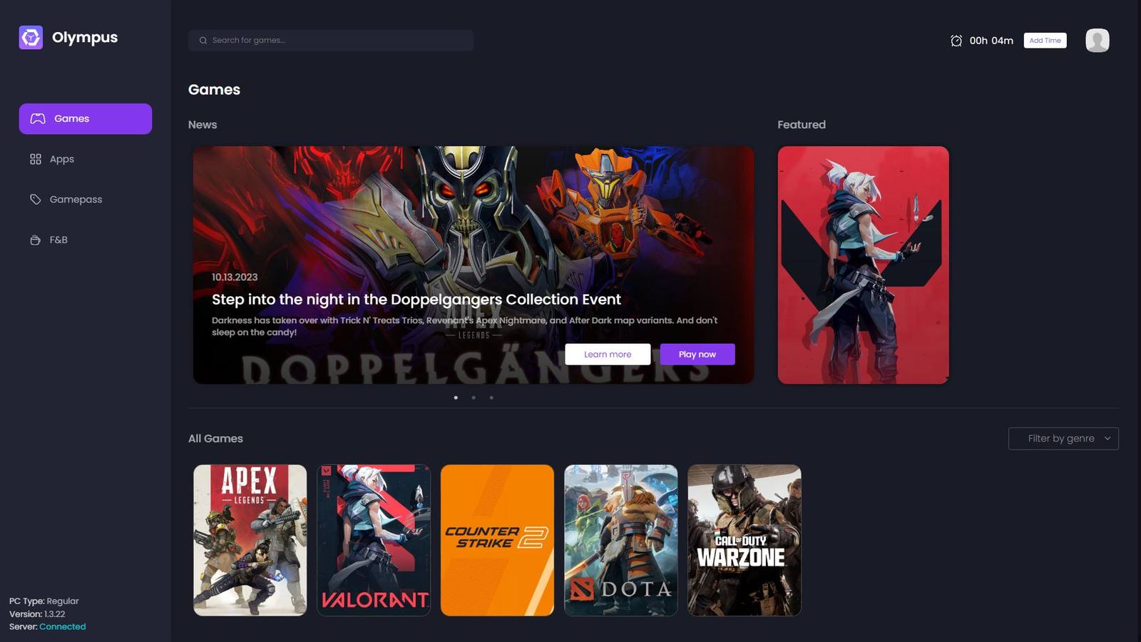 The Olympus terminal on a cafe PC, showing the games library a player sees after logging in